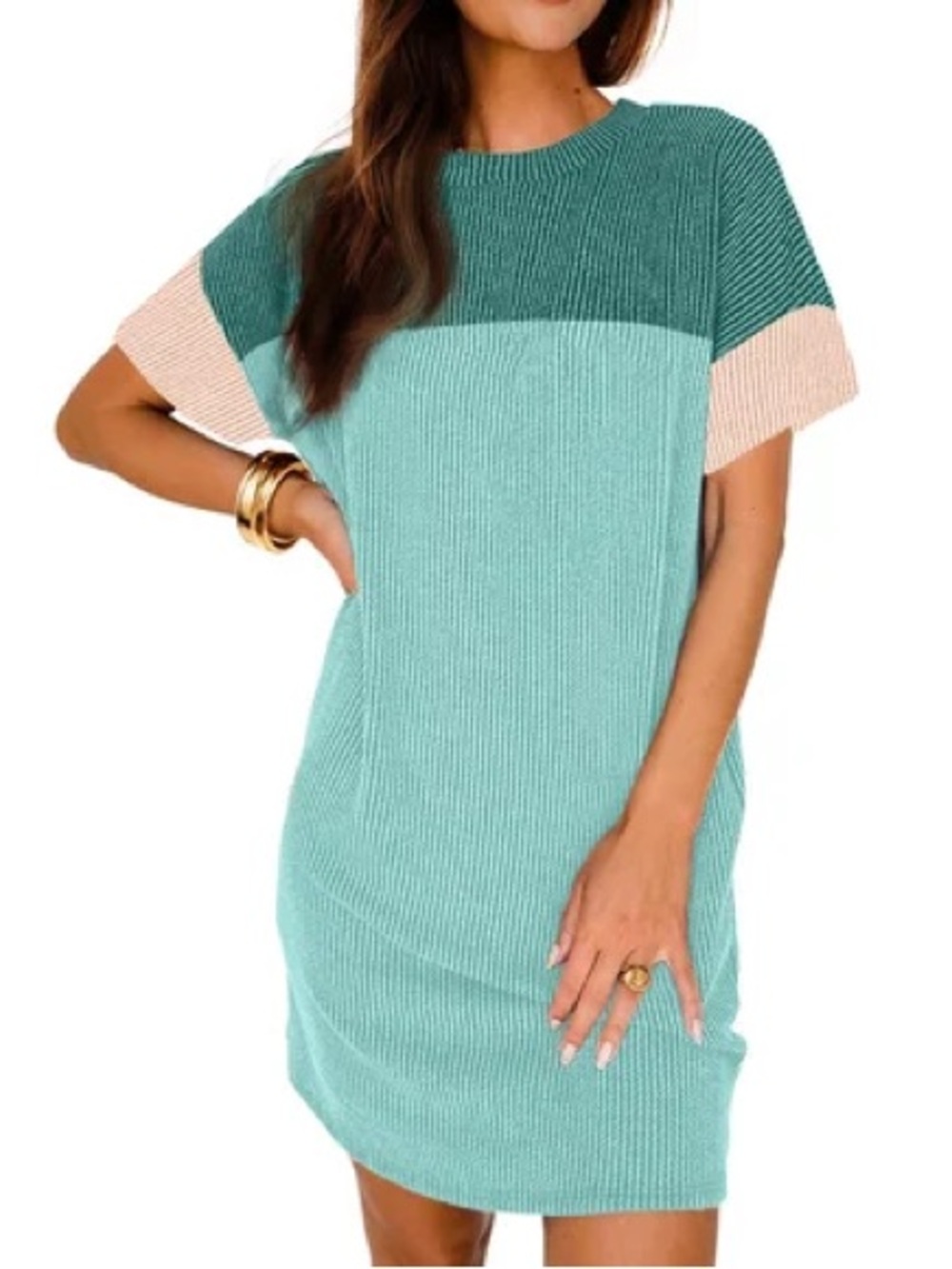 Casual Colorblock Ribbed Knit Tee Dress in Mint and Teal NEW w Tags